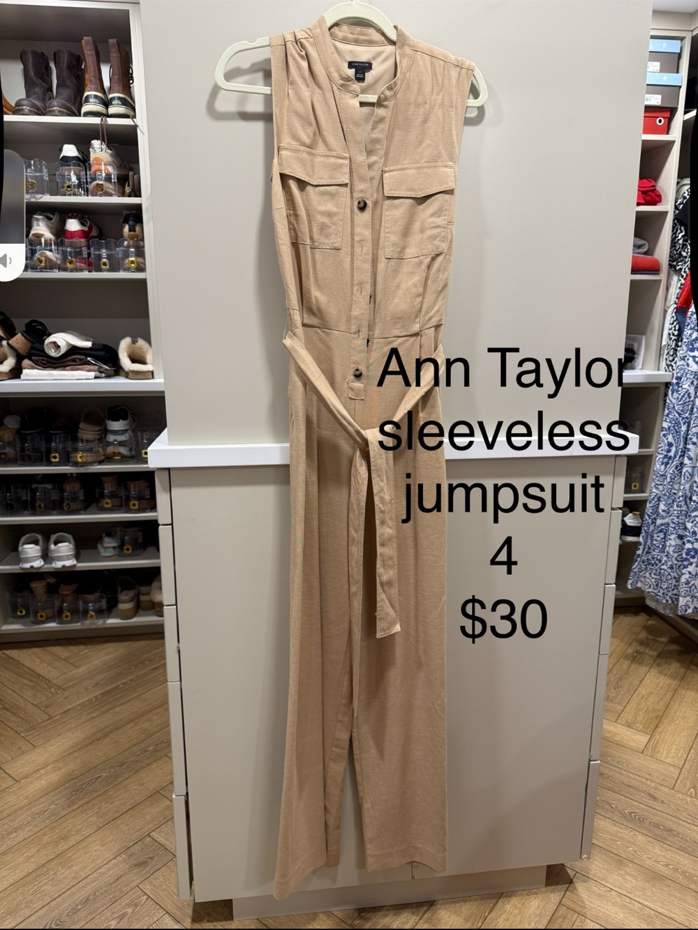 Ann Taylor Sleeveless Tan Utility Jumpsuit